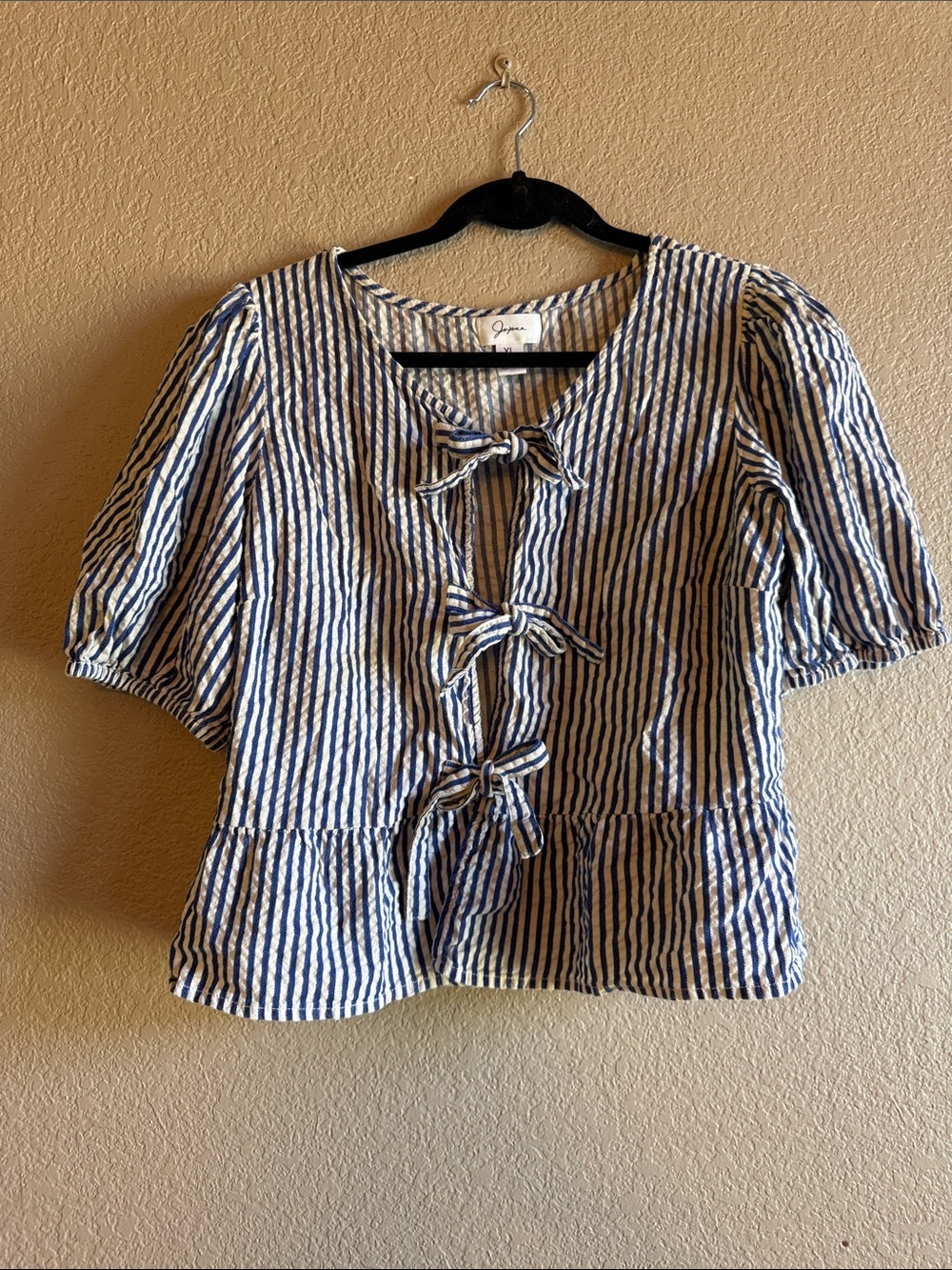 Navy and White Striped Tie-Front Peplum Blouse